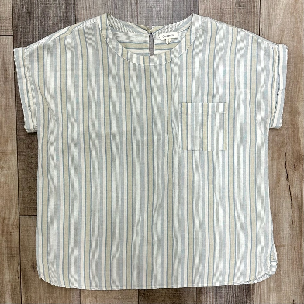 Muted Light Blue and cream Striped pocket top